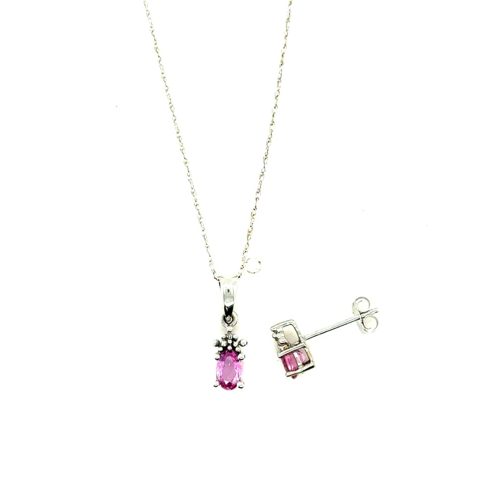 10k White Gold Pink Topaz Diamond Accent Necklace 18in Chain & Bonus Earring